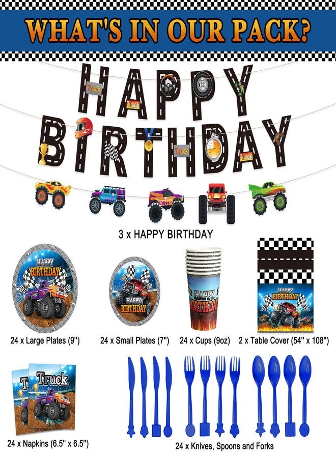 Sabary 173 Pcs Monster Truck Birthday Party Supplies Serves 24, Monster Truck Tablecloth Banner Plates Napkins Tableware Set for Themed Birthday Party Decorations - Image 2